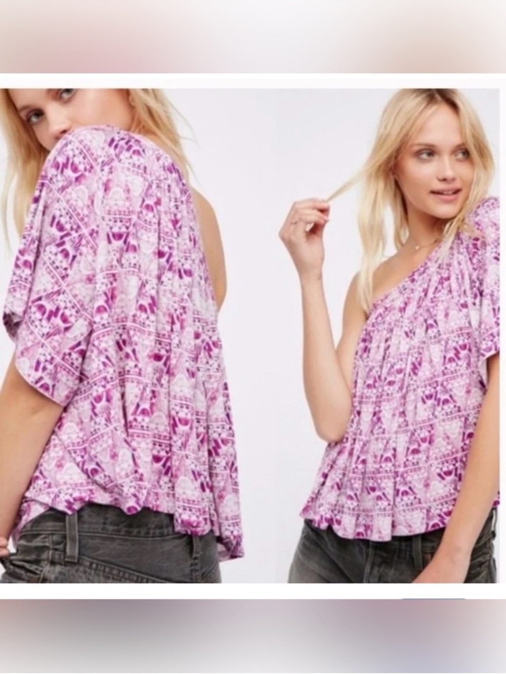 Free People One-Shoulder Pink/Purple Boho Pattern Top Like New! 🌷
